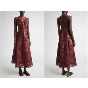 Johanna Ortiz Wine Melancholic Bliss Embroider Eyelet Faux Leather Midi Dress 8